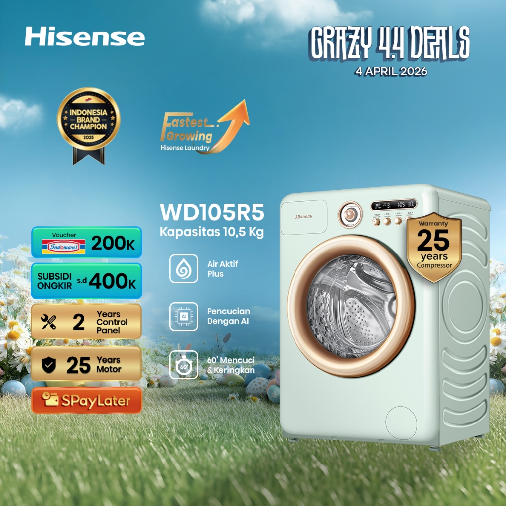 Hisense Mesin Cuci WD105R5 Front Loading Kapasitas 10.5KG 1 Tabung Bukaan Depan Active Water Plus (B