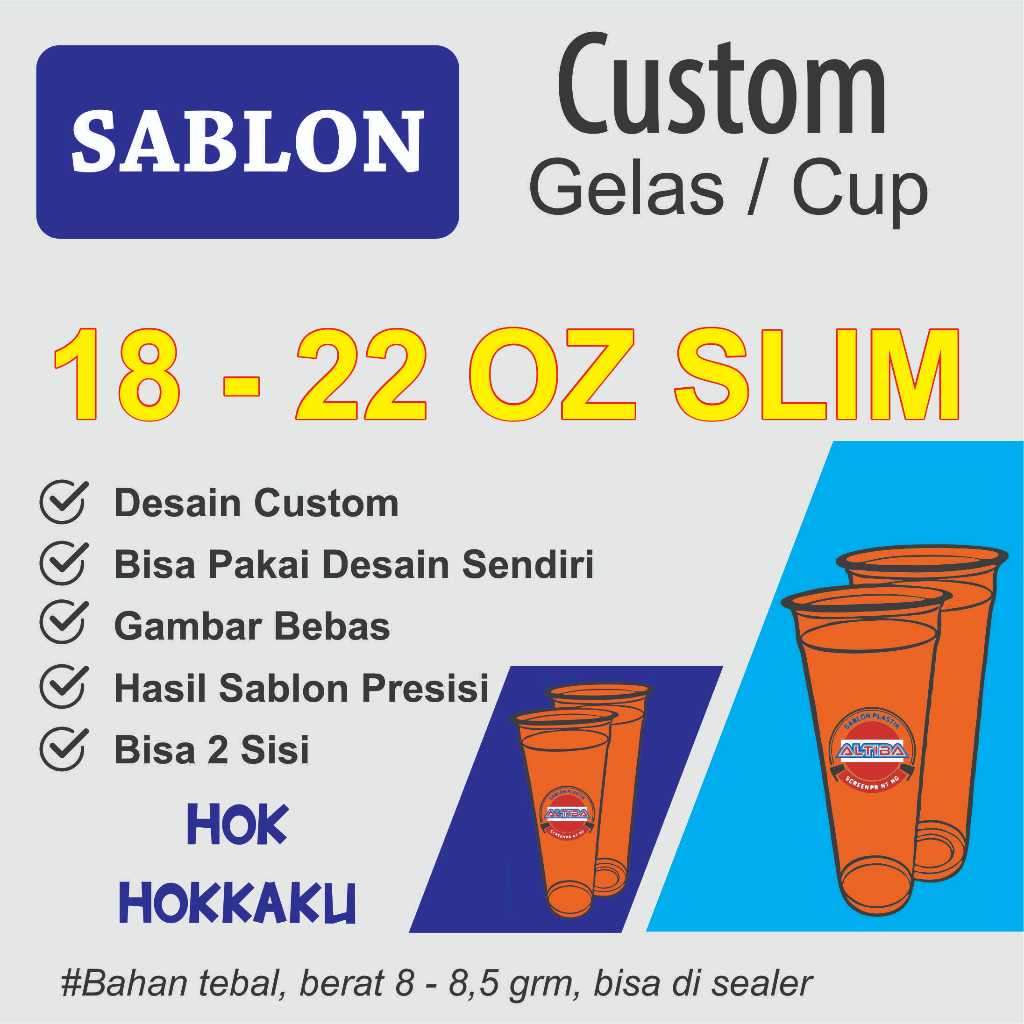 Cup Plastik Sablon 18oz 22oz Slim untuk Es Teh dan Jus UMKM