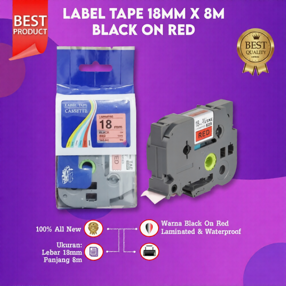 FixPrint Compatible Label Tape Laminated TZE-441 18mm X 8m Black On Red Cassette Printer Bro PT-D450