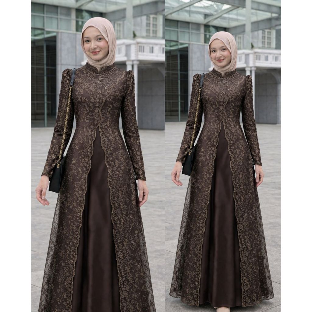 Alora Dress Gamis Satin Brokat Premium Mahogany Burgundy