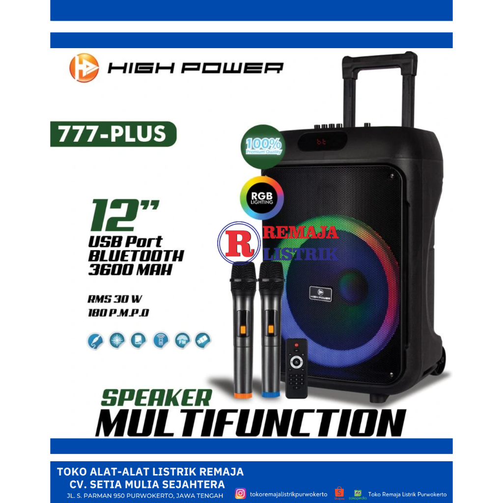 Speaker Bluetooth Super Bass 12 inch + MIC High Power Plus 777A