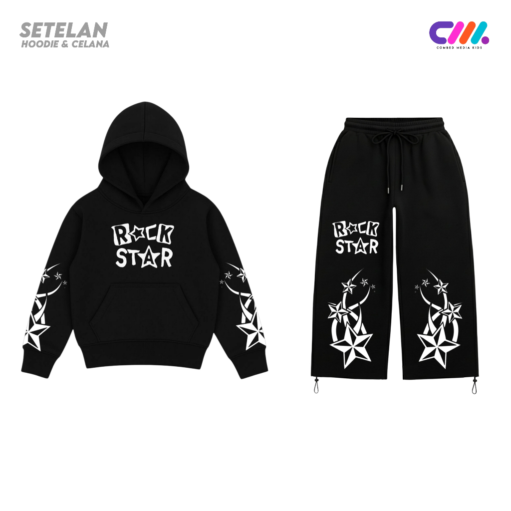 COMBEDMEDIA Setelan Anak Unisex Hoodie & Celana Hitam Usia 7-12 Tahun Fleece ROCK STAR