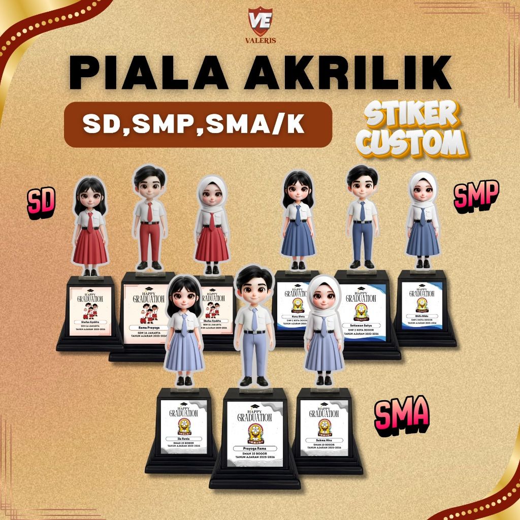 Piala Wisuda Seragam SD SMP SMA Sticker Custom | Hadiah, Gift Kelulusan Anak Sekolah