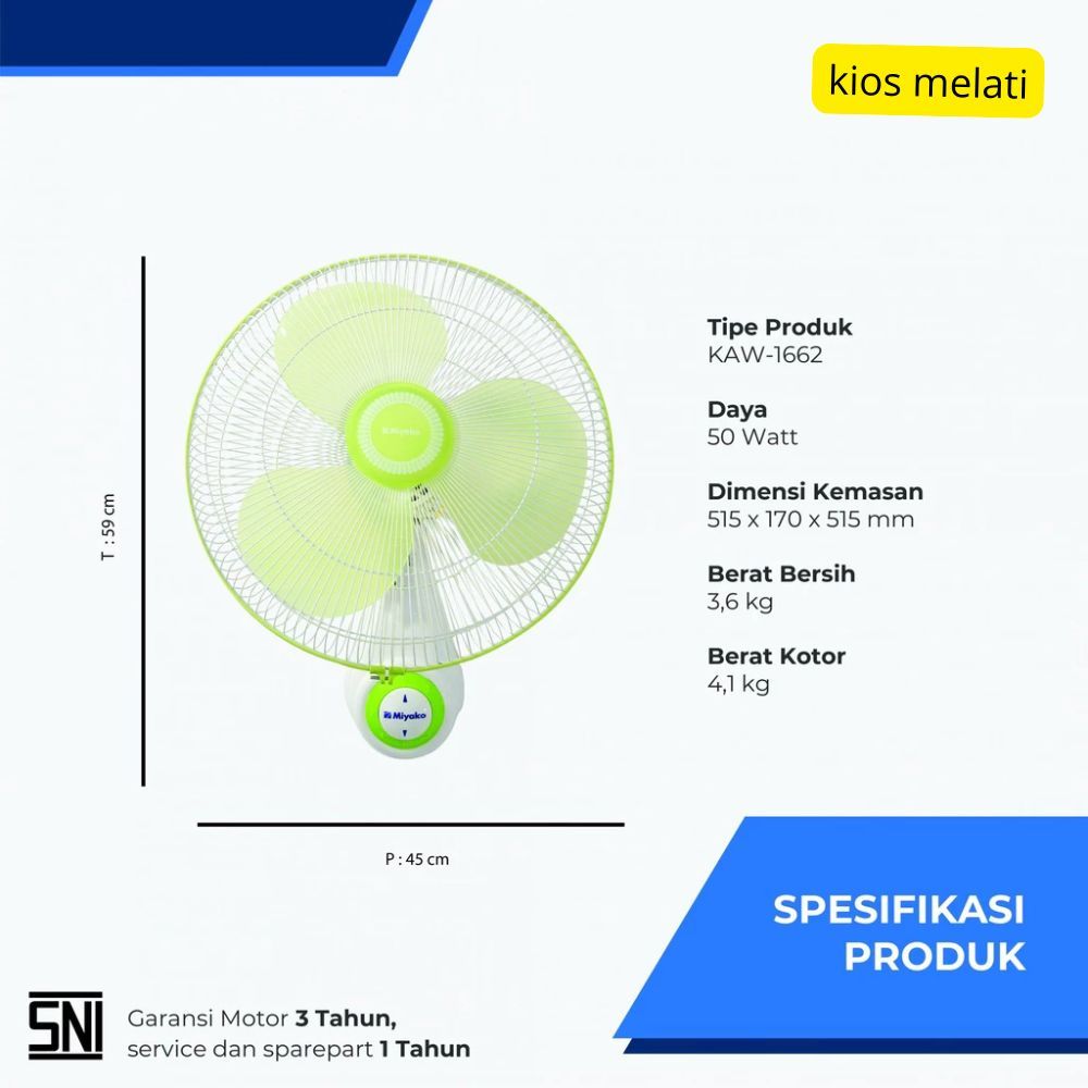 MIYAKO KAW-1662 KIPAS ANGIN DINDING / WALL FAN 16" INCH WALLFAN ANGIN KENCANG LOW WATT TURBO MURAH