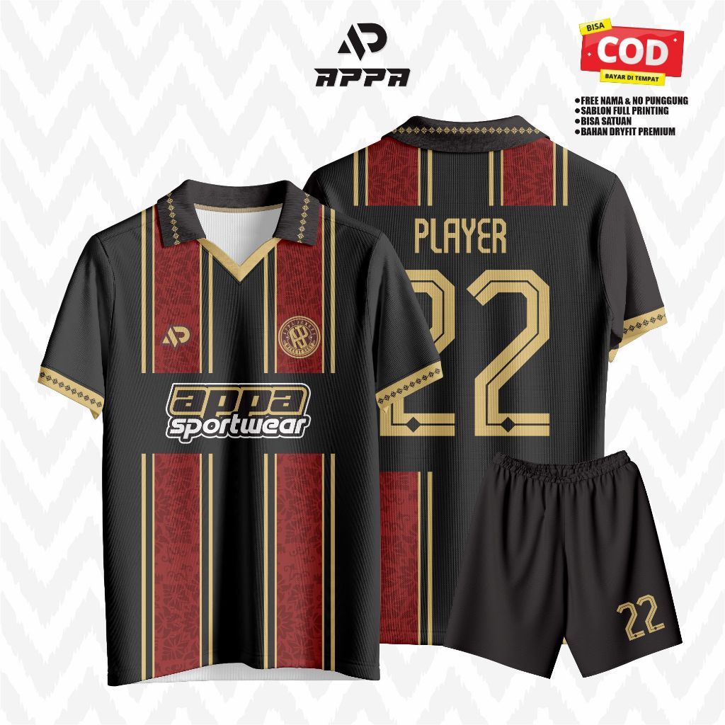 ersey Futsal Premium Black Gold - Desain Eksklusif, Full Print, Gratis Nama & Nomor Setelan Jersey B