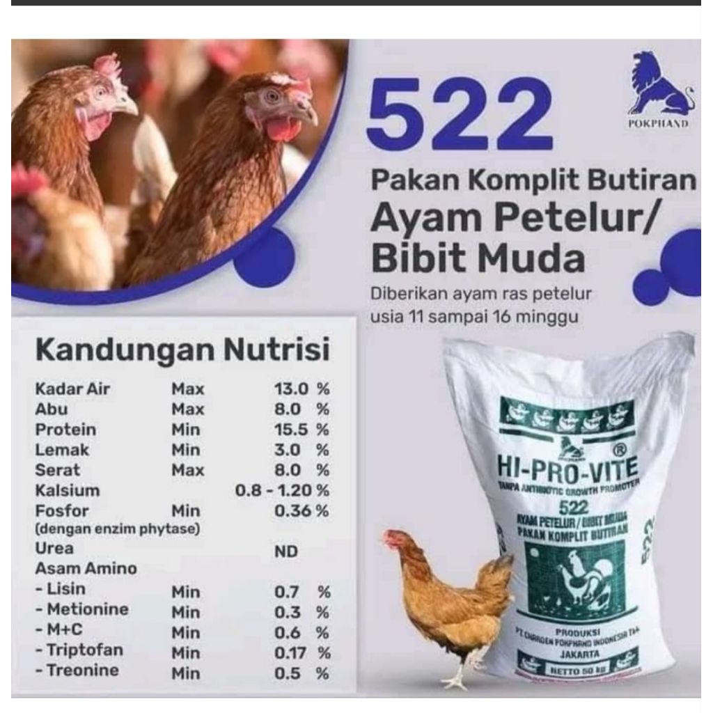 pakan ayam| 522 Bravo 1kg, petelur| mudah di serap dan nutrisi seimbang.