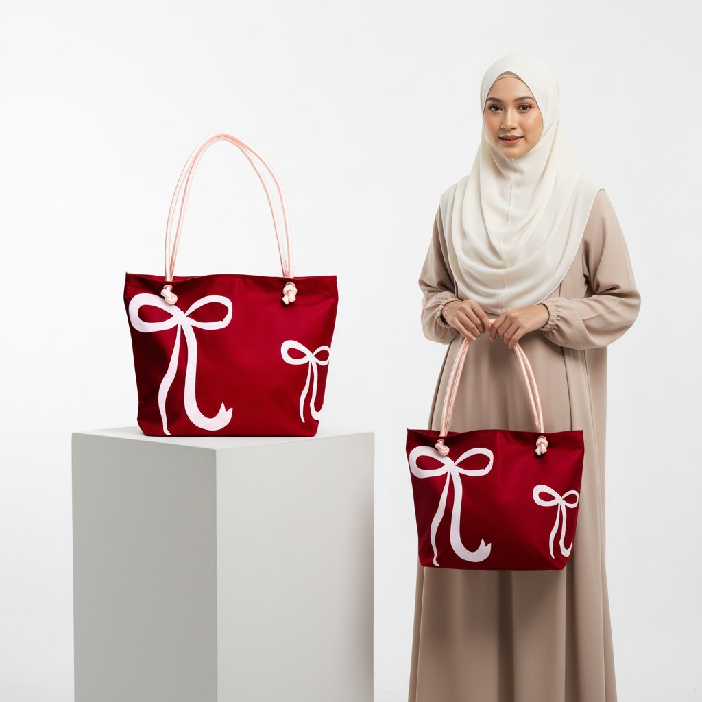 Tas Tote Wanita Merah Motif Pita Kanvas Tebal Premium Bahu Bag Korea Elegant Stylish Muat Banyak Tas