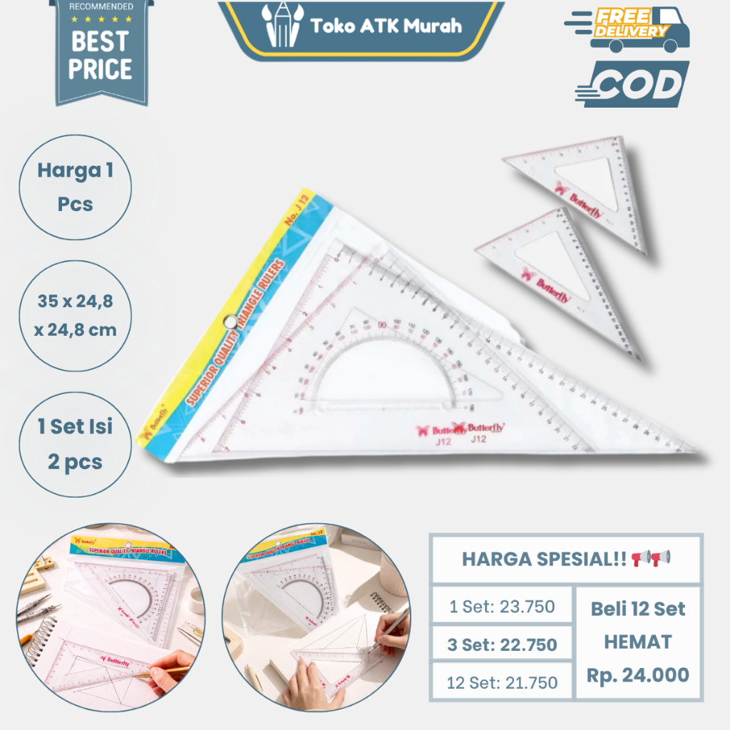 Penggaris Segitiga Set Sepasang Butterfly J12 no.12  - Triangle Ruler Penggaris Gambar Teknik