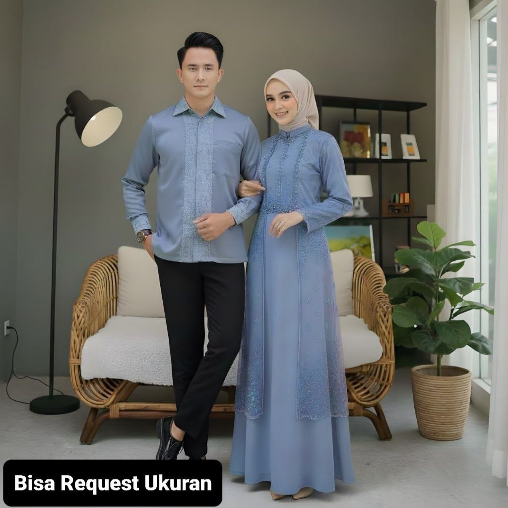 SET ANISA DRESS DENIM ORI COUPLE KEMEJA KOKO KOMBINASI / CUSTOM ANAK & JUMBO / BAJU SERAGAM BATIK PA