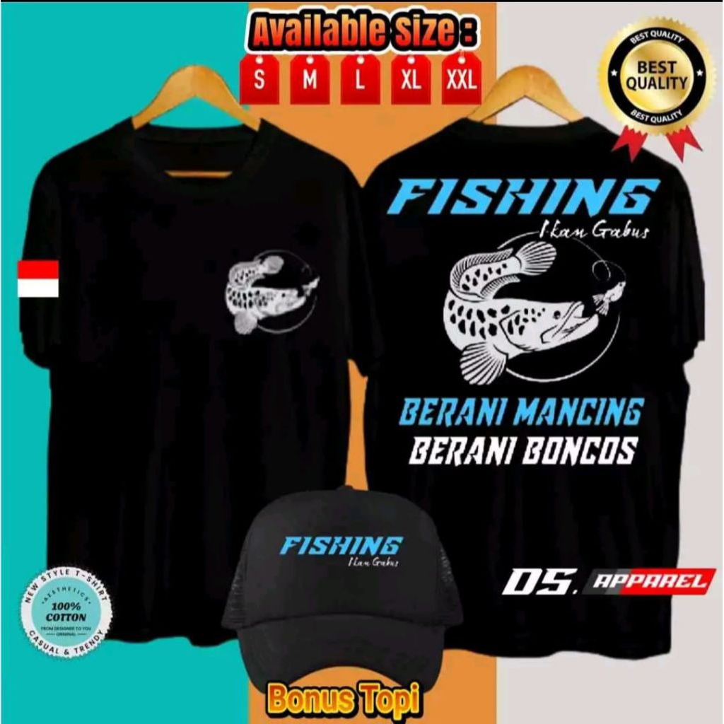 KAOS FISHING IKAN GABUS BERANI MANCING BERANI BONCOS MOTIF BIRU BONUS TOPI
