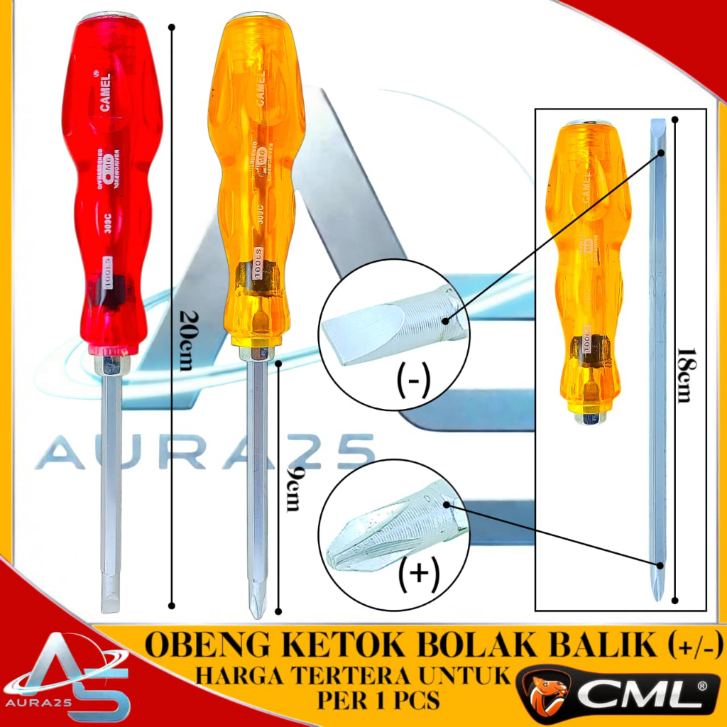 Obeng Ketok CML Bolak-Balik (+/-)/Obeng Panjang 20 cm/Ujung Plus Minus Multifungsi