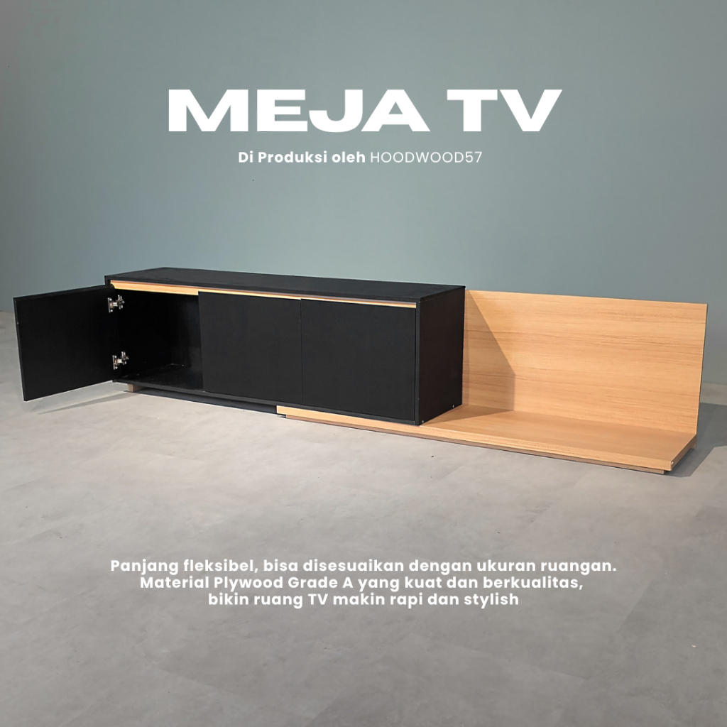 Lemari TV Minimalis - Desain Elegan, Bahan Kayu Multiplek Solid, Warna Putih & Hitam, Tahan Air Lemb