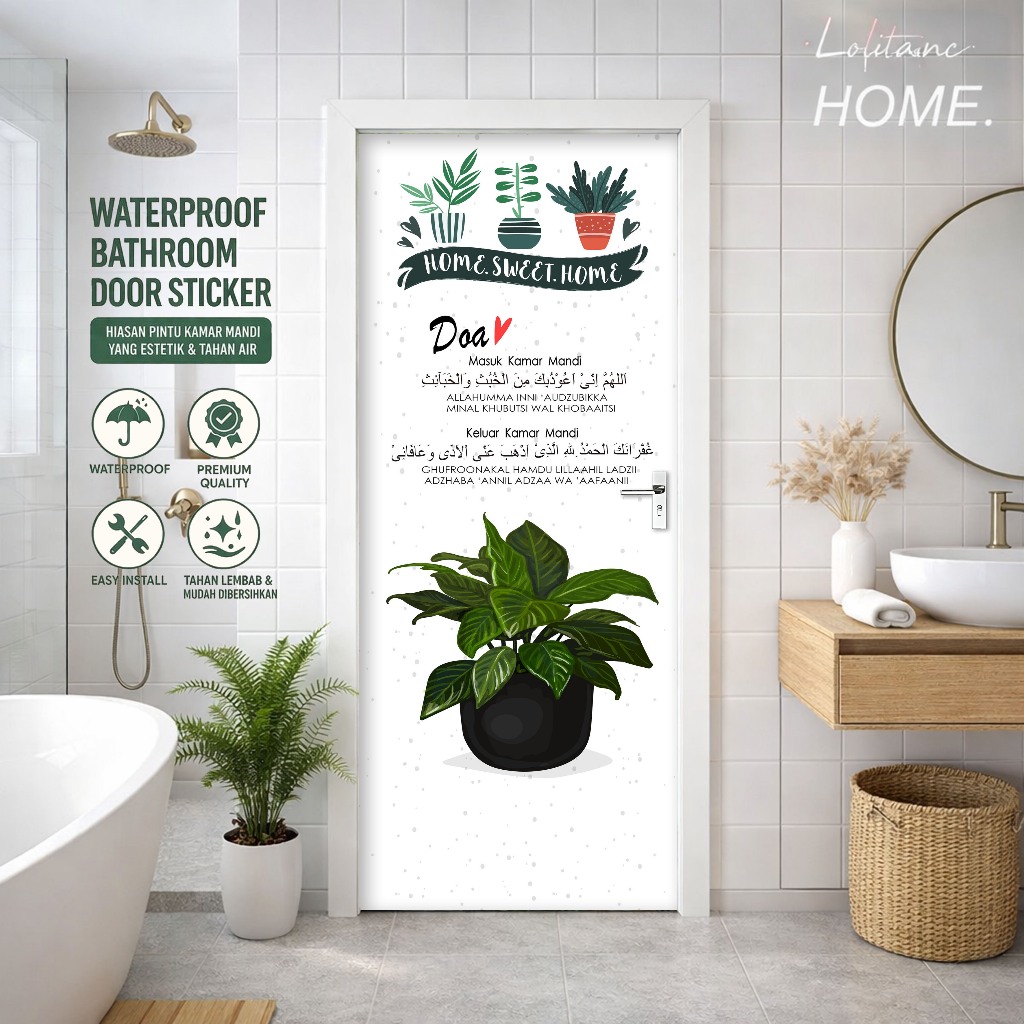 Stiker Dekorasi Pintu Kamar Mandi Estetik Dan Minimalis Motif Kaktus Dengan Tulisan Doa