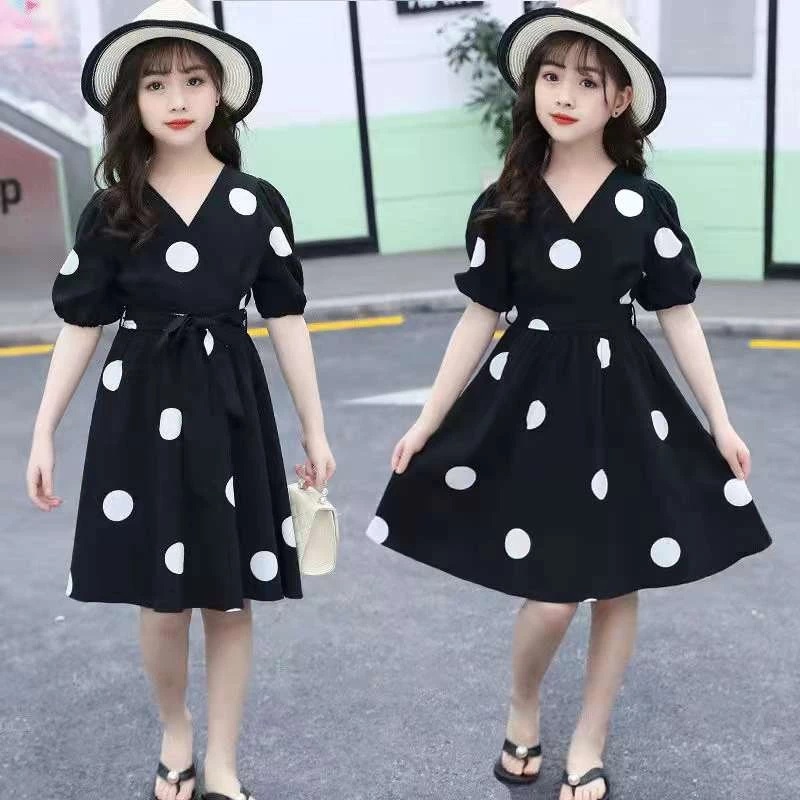 Dress Anak Perempuan Polkadot Hitam Korea Elegan Cantik Kekinian