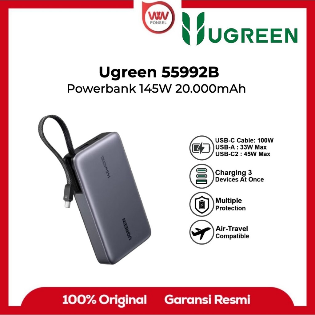 UGREEN 55992B PowerBank Built-in Retractable Cable 20000mAh PD Fast Charging 45W 67W 145W Powerbank