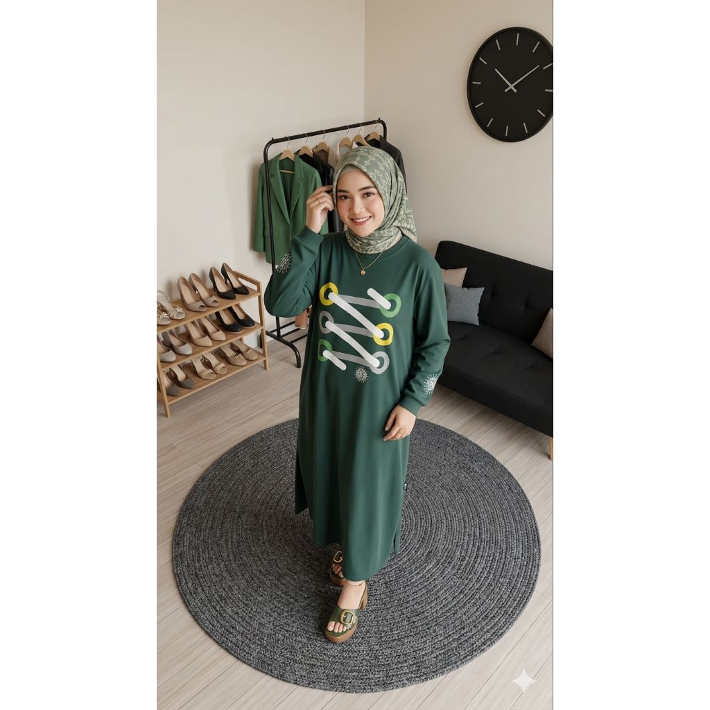 Sherill Long Sleeve T-Shirt Kaos Lengan Panjang Hijau Botol Graphic StreetwearKaos Tunik Lengan Panj