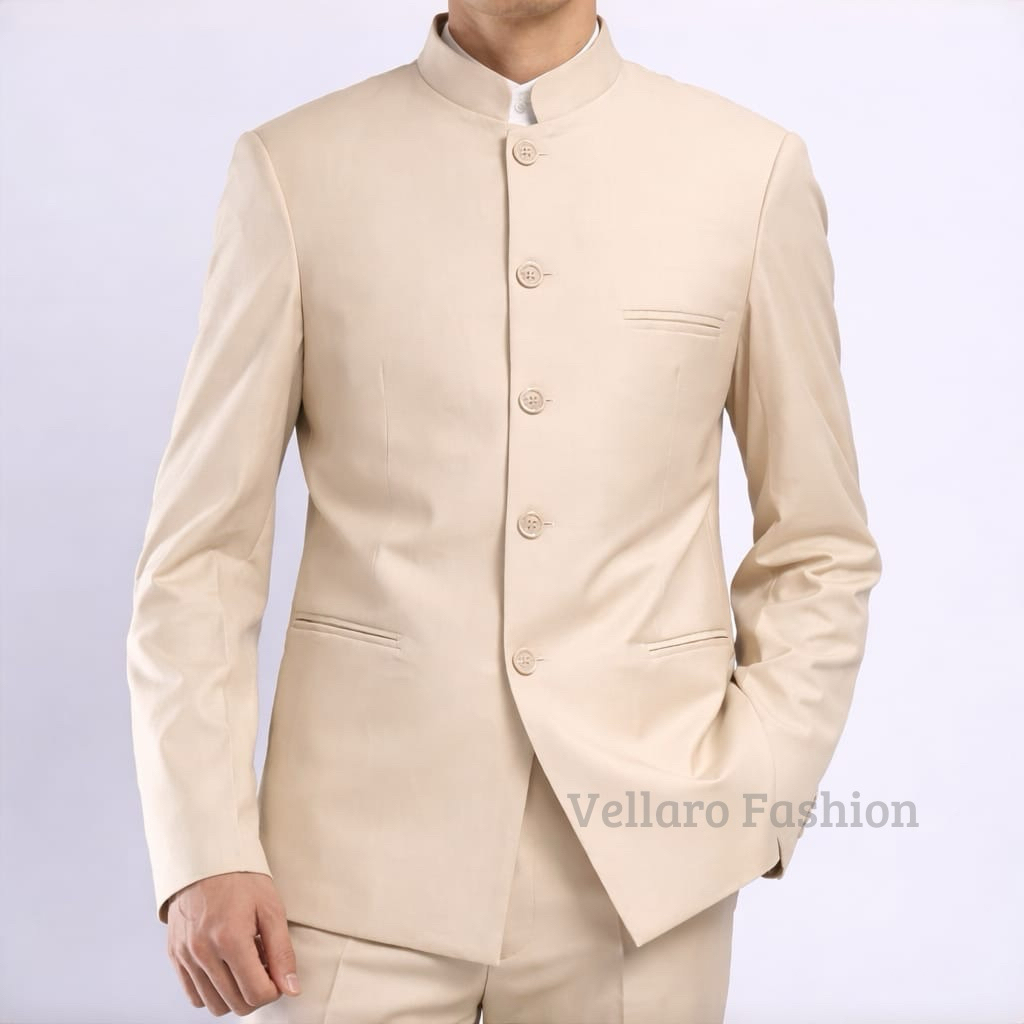 Vellaro- Jasko Mandarin Pria Dewasa Jas Koko Muslim Formal Warna Cream