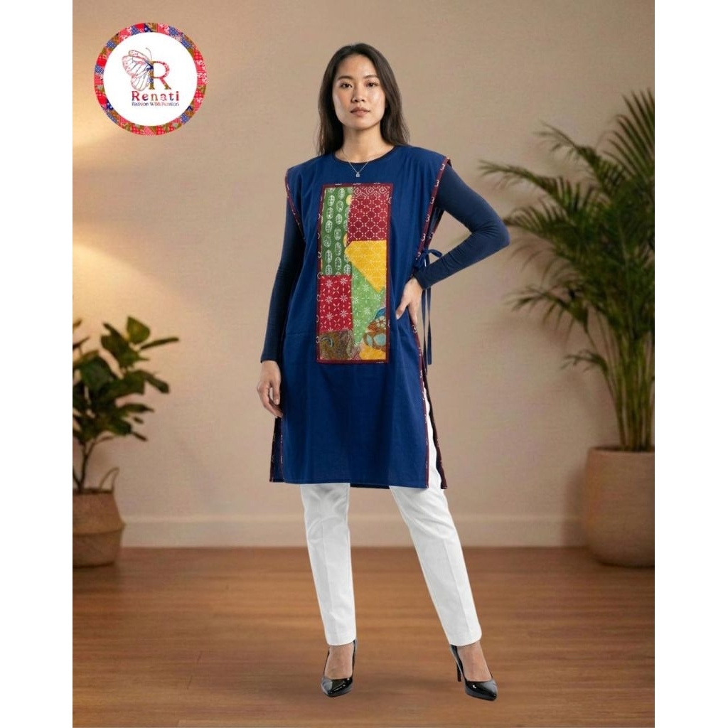 Tara Vest Navy Series, Atasan Batik Perca Wanita Elegan - Model Batik Modern