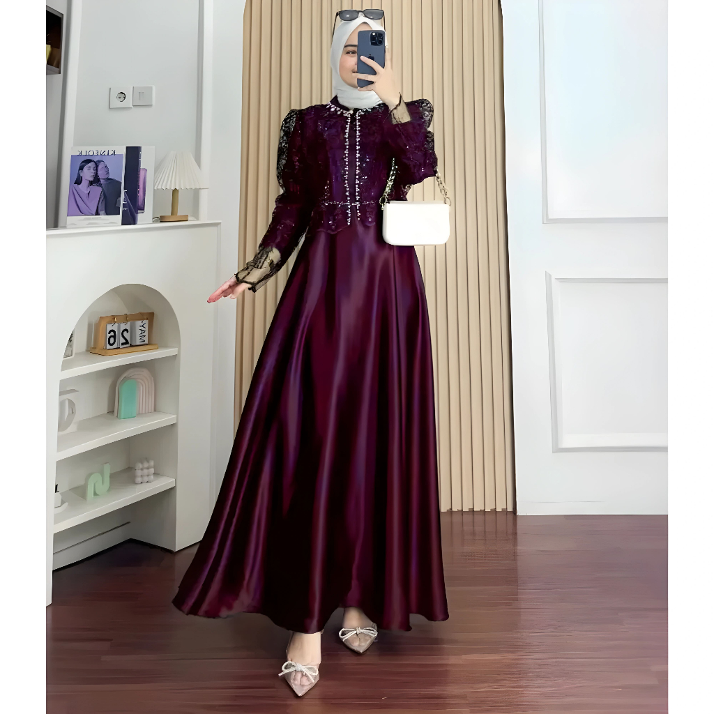 Gamis Pesta Silk Premium Sakura Dress Baju Kondangan Wanita Terbaru 2026 Kekinian Brukat Tile Payet 