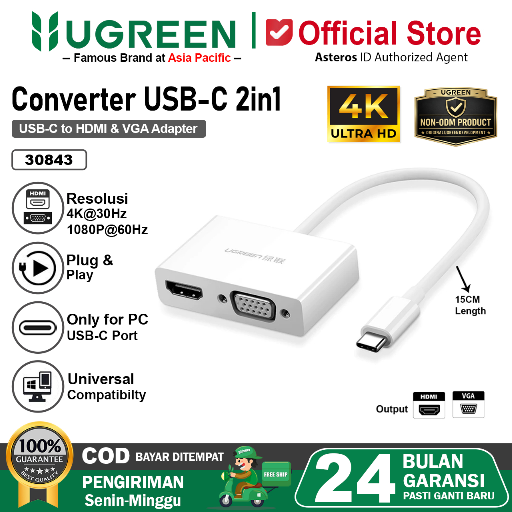 UGREEN Converter USB Type C To HDMI Dan VGA Adapter 2IN1 30843