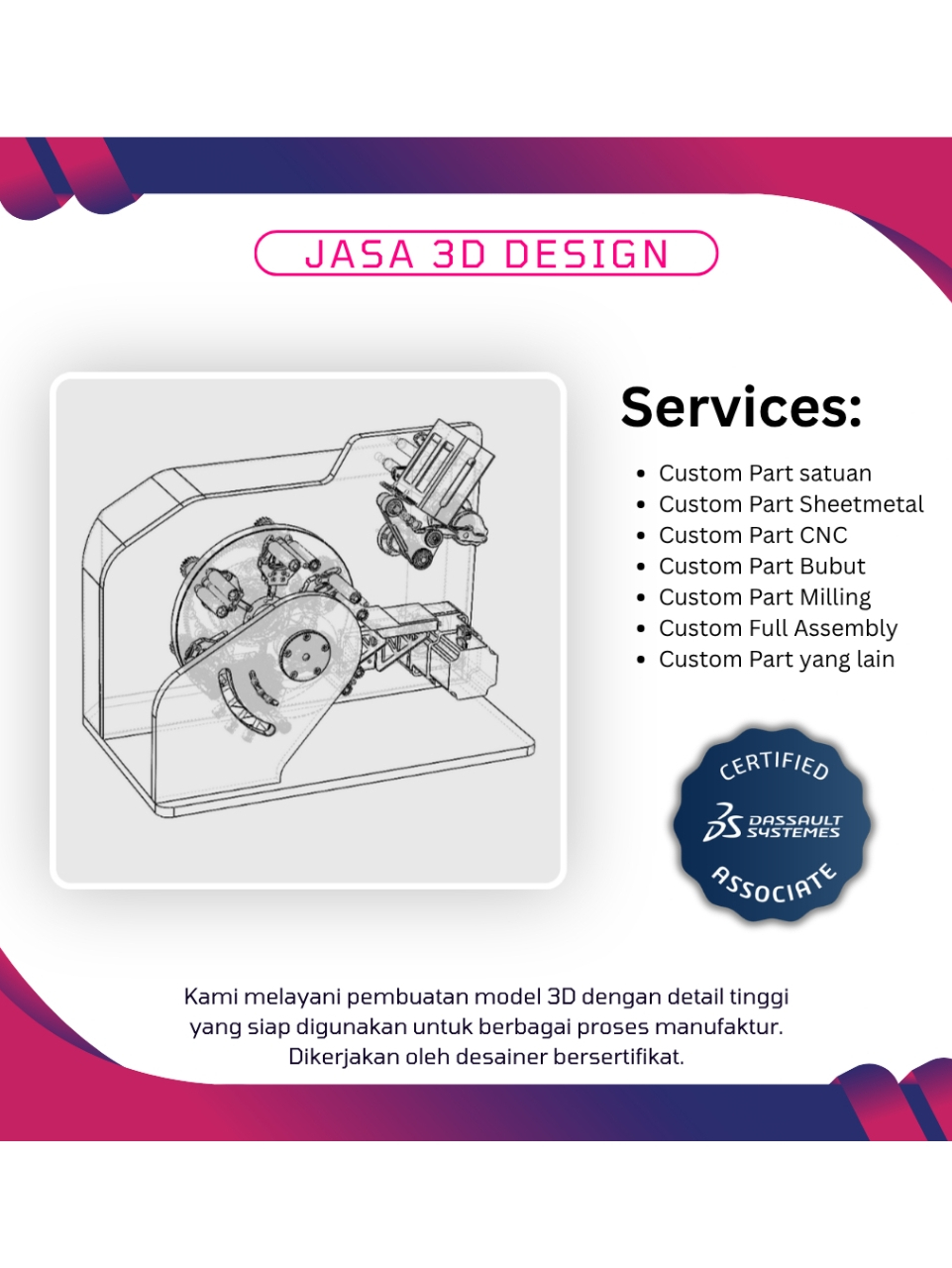 Jasa desain 3D mekanikal part custom sheetmetal, bubut, milling, CNC, 3D print BambuLab