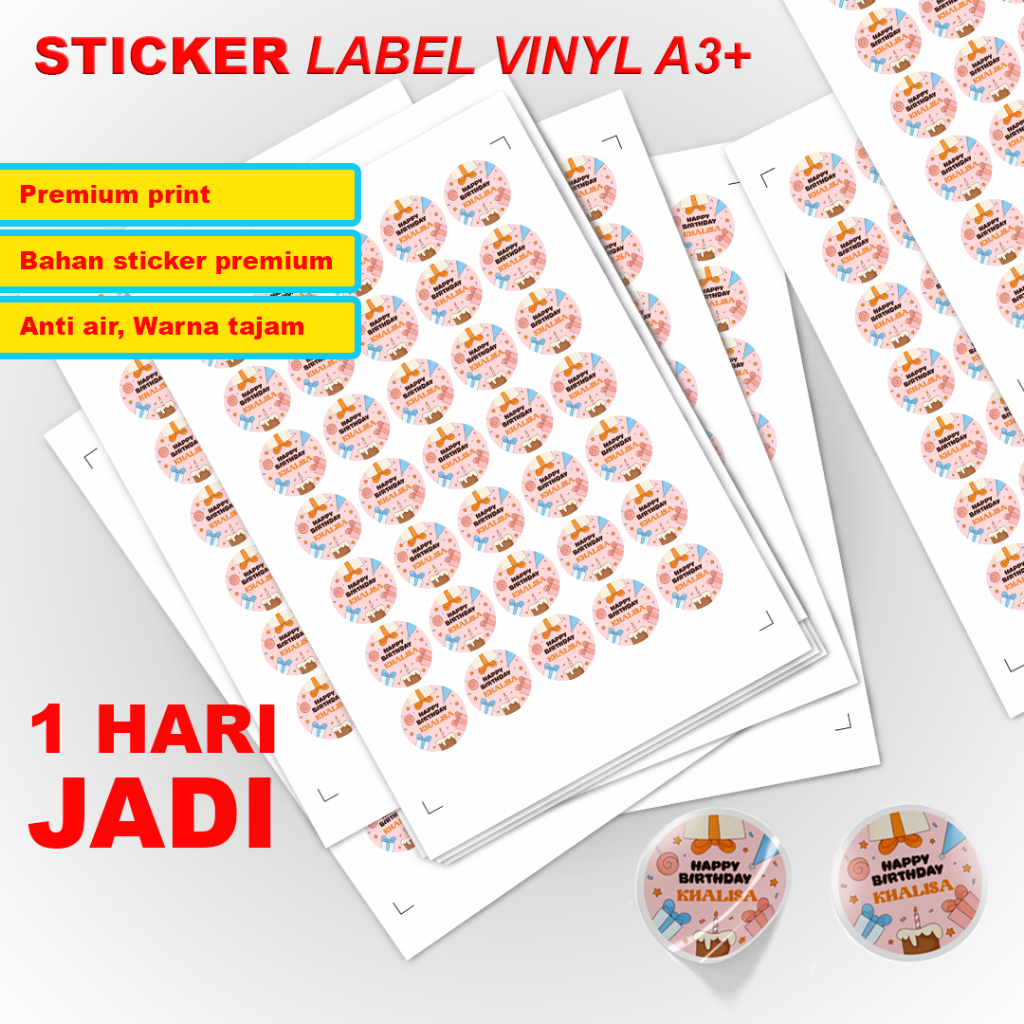 Cetak Sticker  Vinyl A3+/Cetak Stiker Label Kemasan Cutting/ Sticker Label Vinyl Anti Air