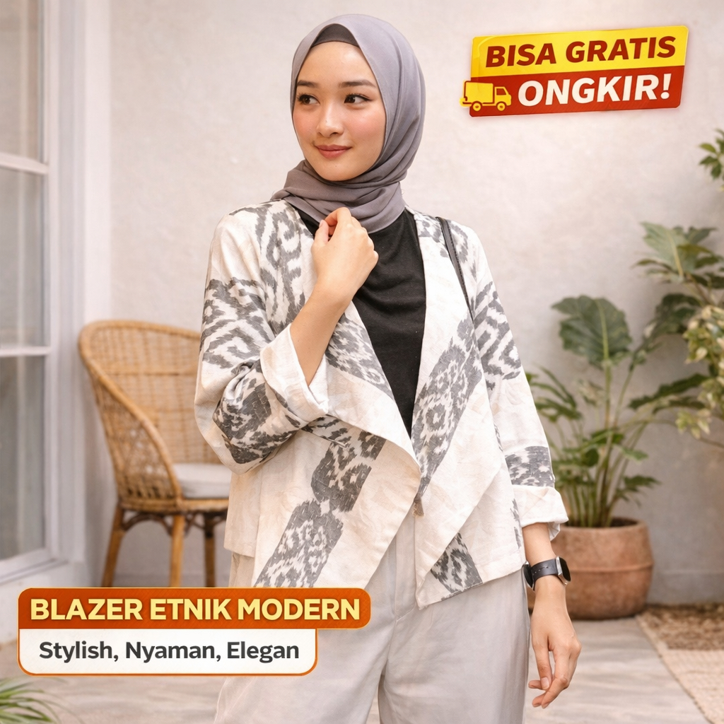 Zahira Etnik Atasan Wanita Lengan Panjang Kekinian Korea Style Hijab Blouse Tenun Jepara Modern Jumb