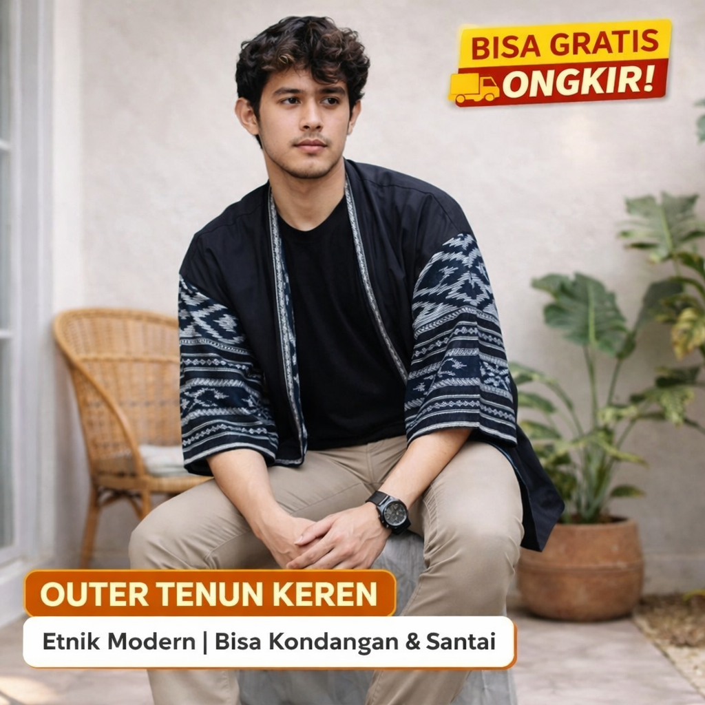 Zahira Etnik Kemeja Tenun Pria Lengan Pendek Premium Tenun Troso Jepara Asli Motif Etnik Nusantara H