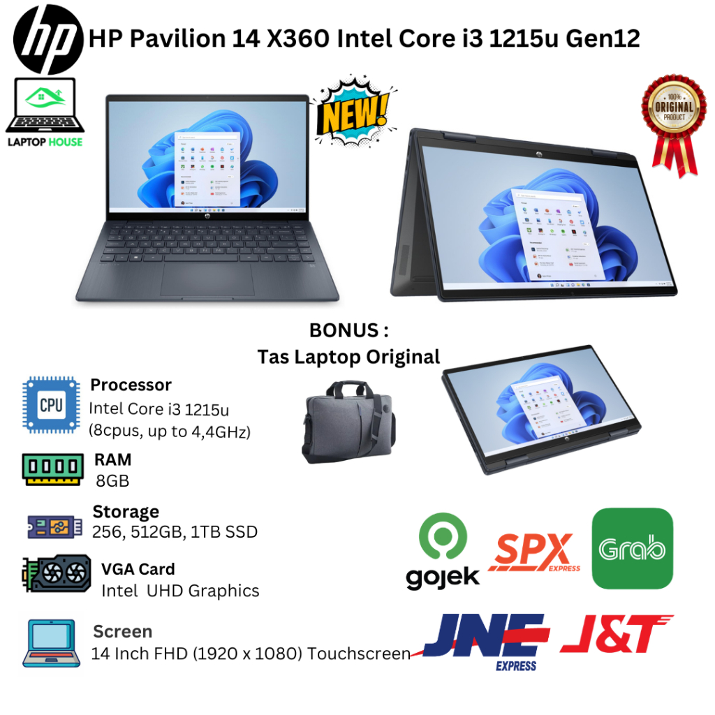 Laptop Baru Hp Pavilion x360 14 Core i3 1215u up to 4,4Ghz 12 Cpu Touchscreen bisa di lipat