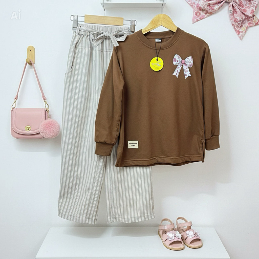 Setelan Celia Coklat Toffee celana salur Ummarakids