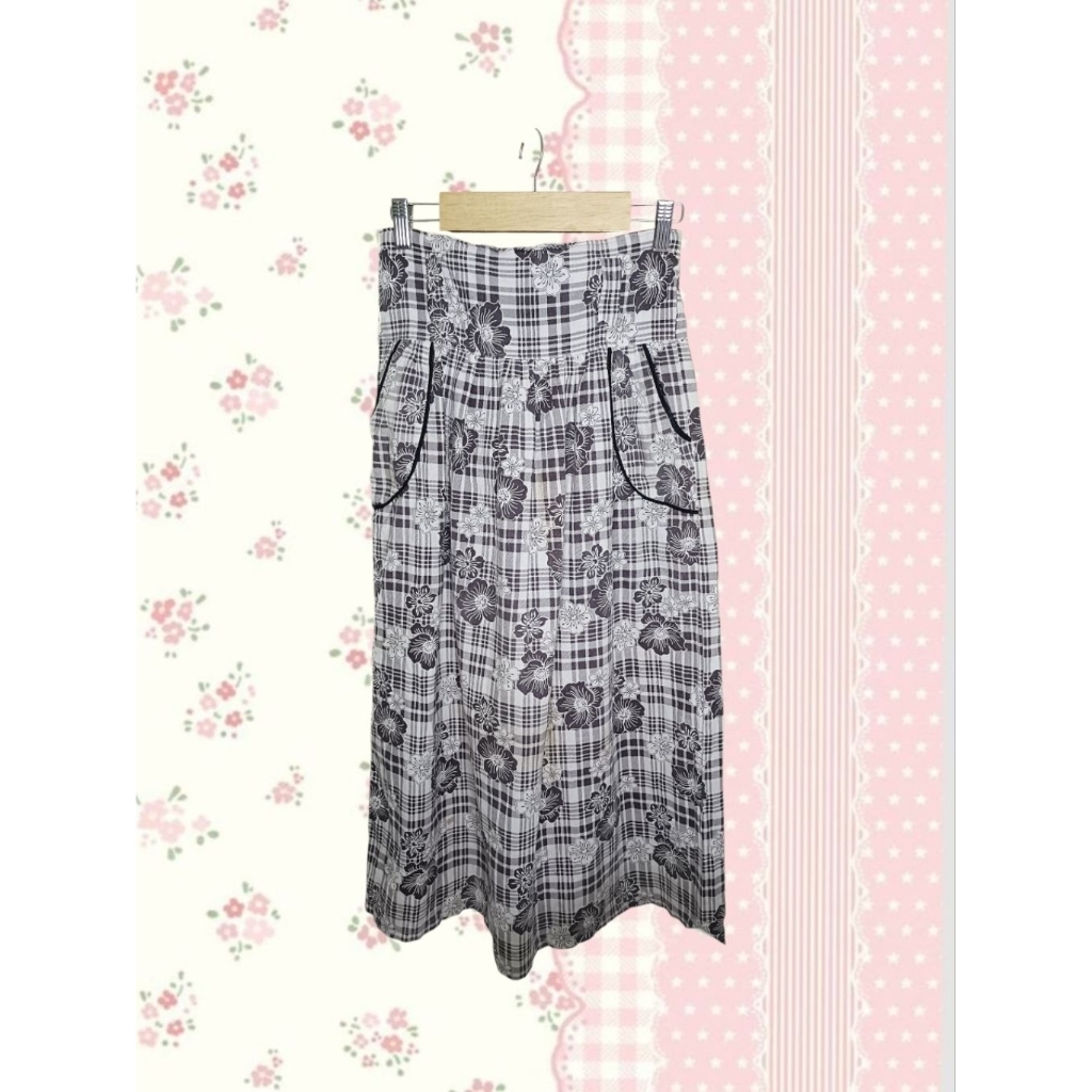 Vintage Aesthetic Flower Tartan Brown Long Skirt Kawai Cottagecore