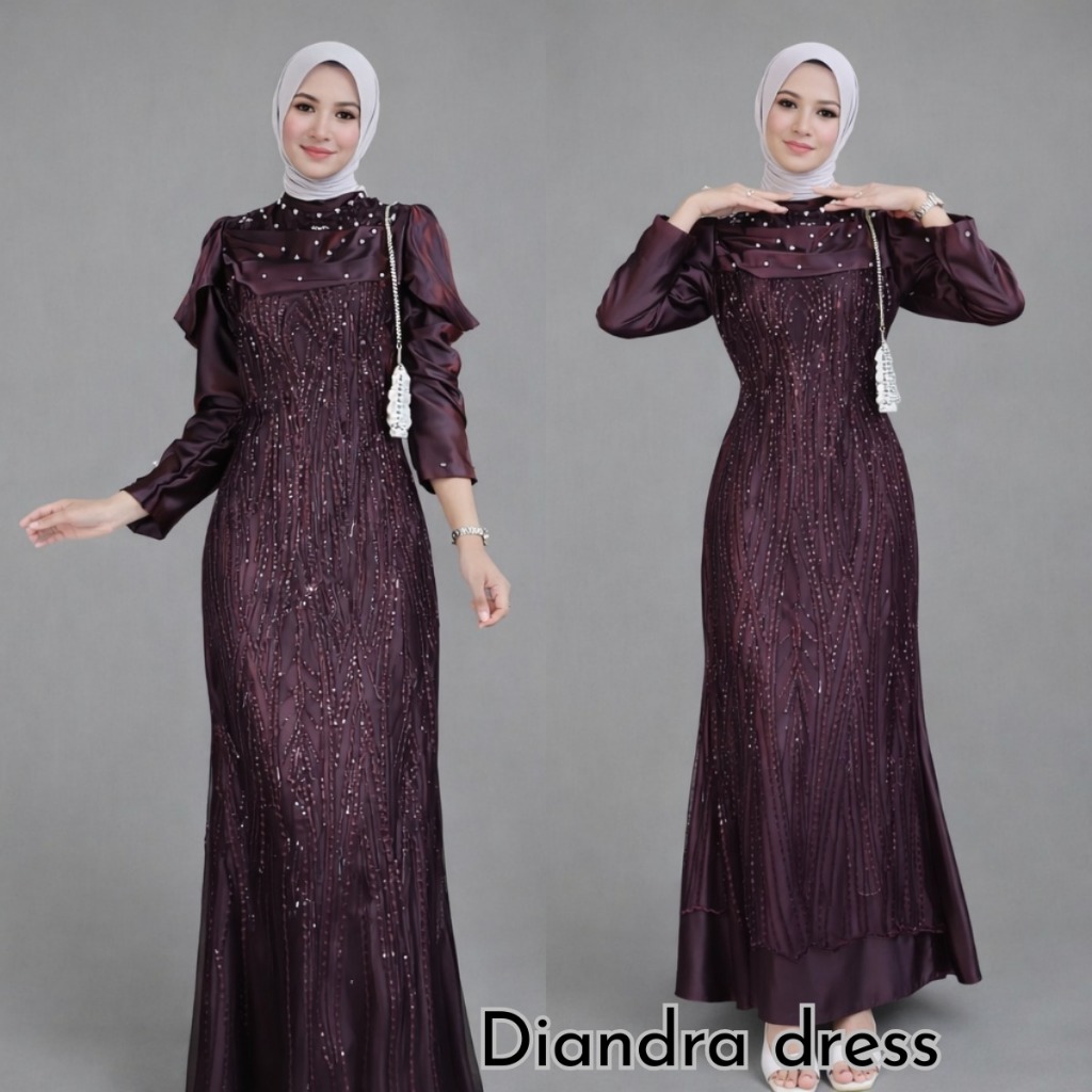 Diandra Dress Satin Mix Brokat Payet Mermaid Satin Dress Burgundy Mahogany Outfit Gamis Lebaran