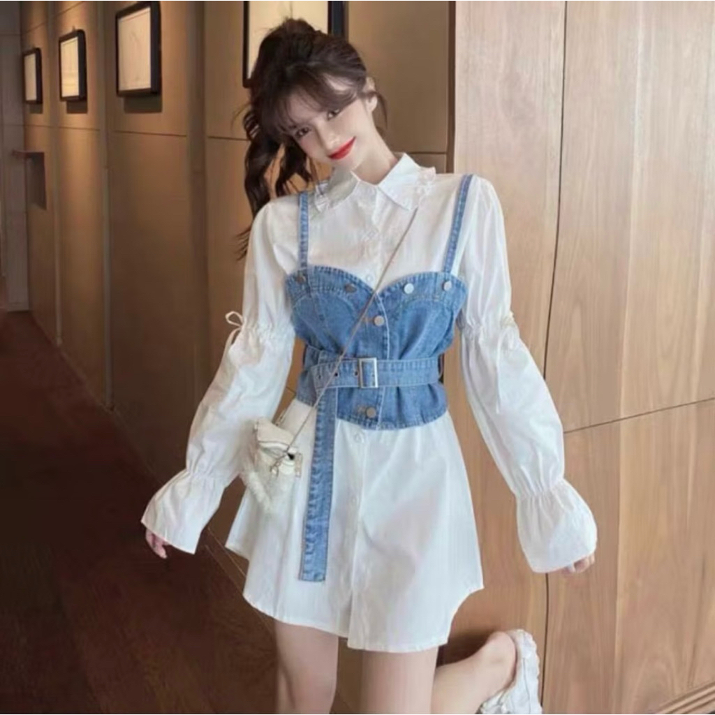 KEMEJA+ VEST JEANS IMPORT SETELAN WANITA