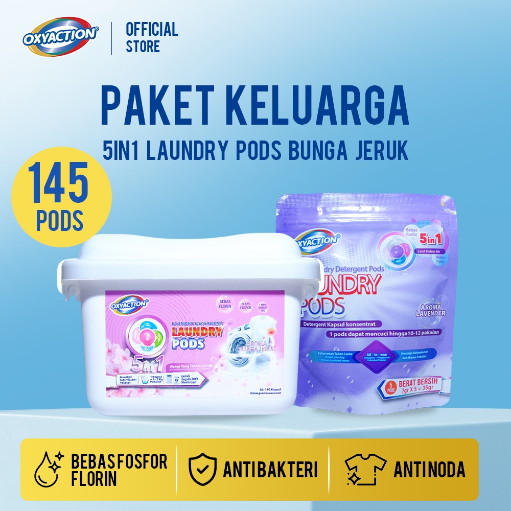 [BUY 1 GET 2] OXYACTION 140Pods FREE 5Pods NEW 5in1 Laundry Pods Aroma Bunga Jeruk Deterjen Kapsul T