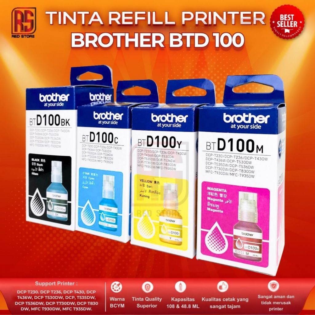 Tinta Printer Brother BTD100 CMYK - Hitam, Cyan, Magenta, Yellow