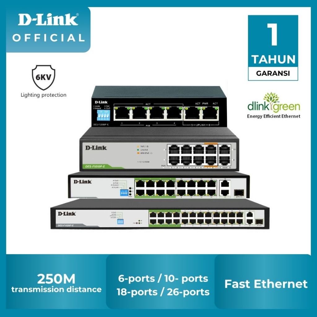 D-Link 6/10/18/26 Port PoE Unmanaged & Manageable Switch with 2 Uplinks, 250M Transmission Distance 