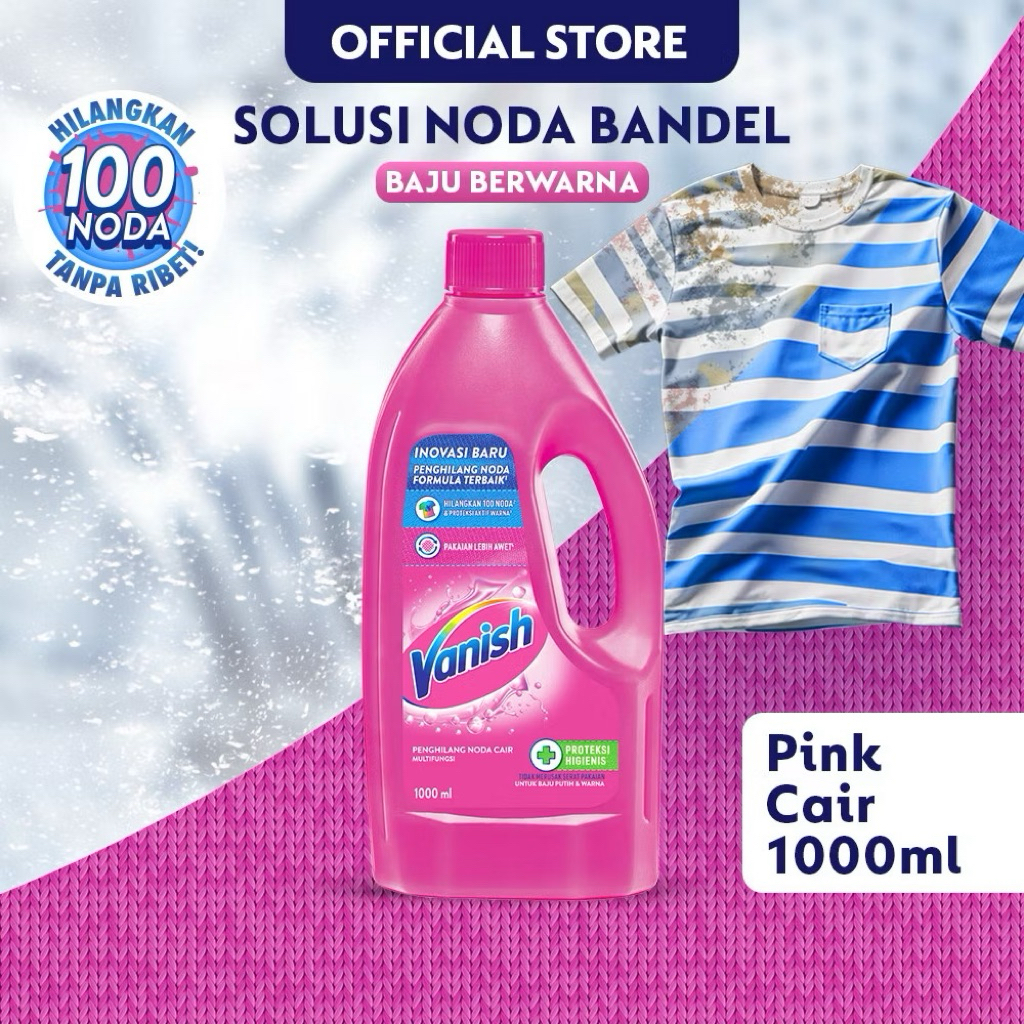 Vanish Botol Penghilang Noda Cair 1000ml - Solusi Noda Bandel Baju Berwarna Pink Cair 1000ml