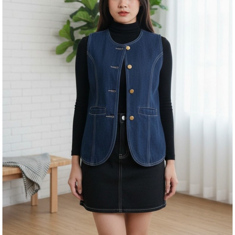 Rompi Wanita Denim Tanpa Lengan Button Casual Look Trendy