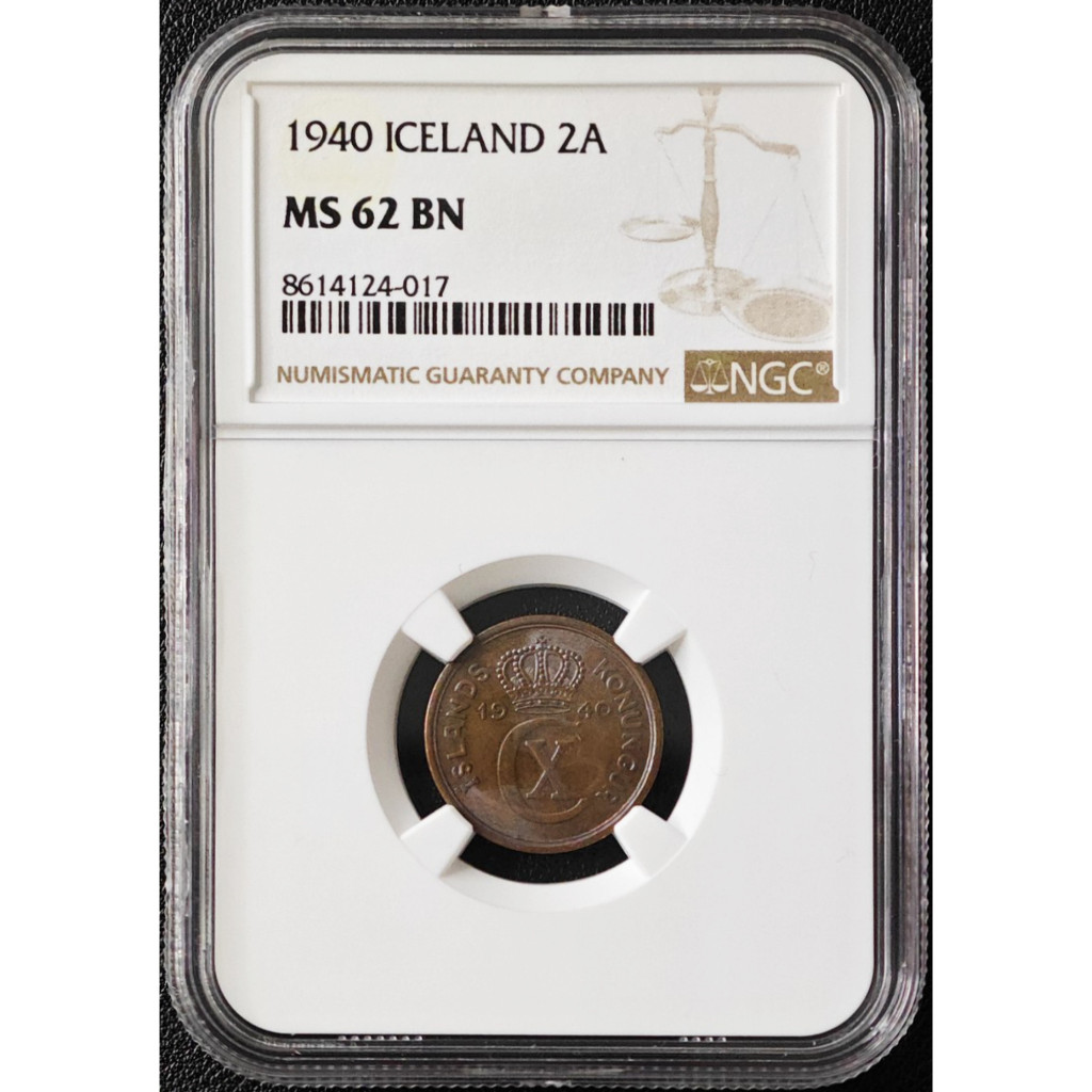 Koin Islandia 2 Aurar Tahun 1940 Raja Christian X Graded NGC MS 62 BN