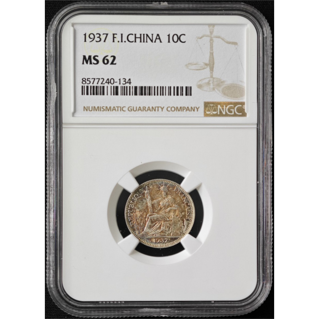 Koin French Indo China 10 Cent Tahun 1937 Graded NGC MS 62