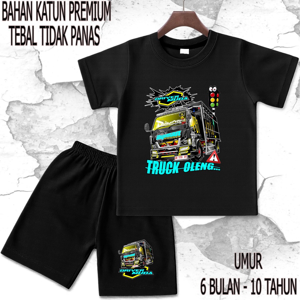setelan baju anak - anak mobil truck oleng 2 umur/tahun 6 bulan - 10 tahun bahan katun premium sablo