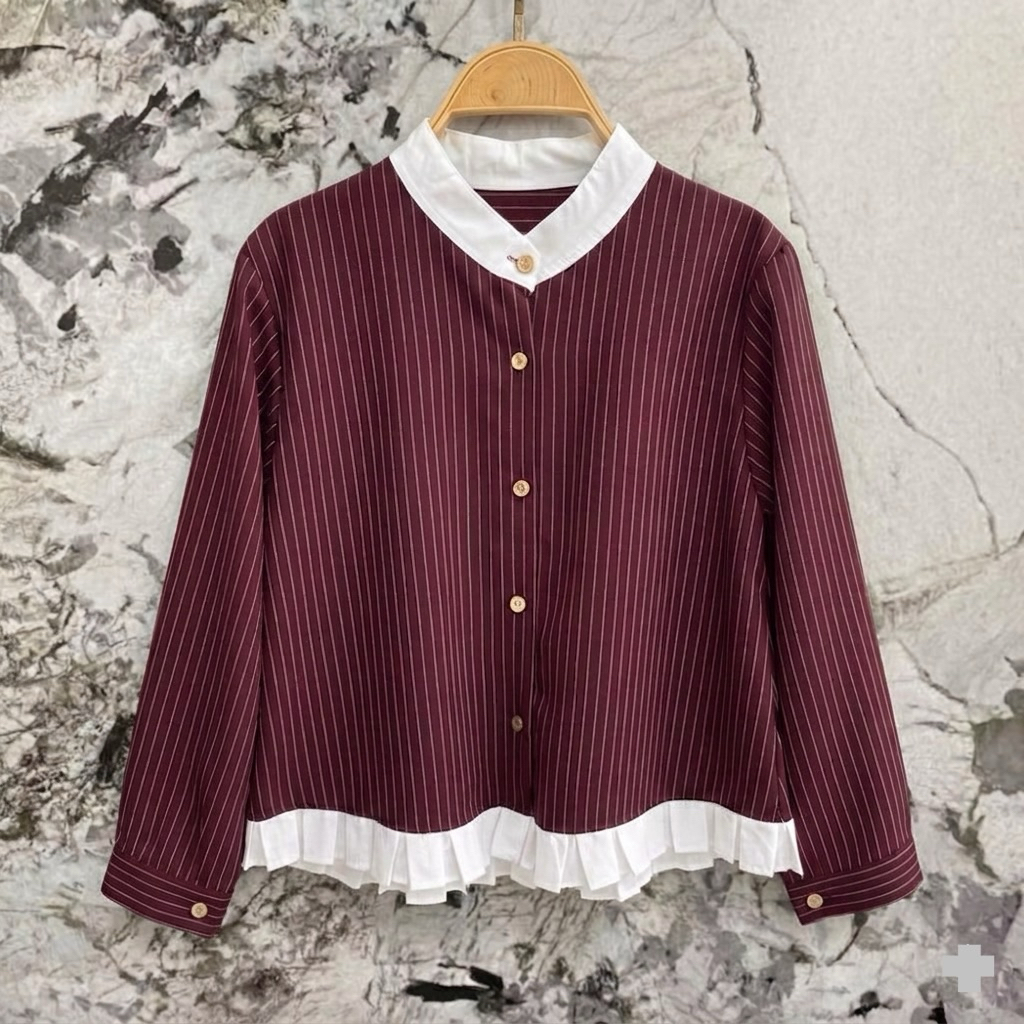 Blouse Kemeja Salur wanita Rempel Korean style terbaru / Kemeja crop salur kombinasi / Baju salur wa