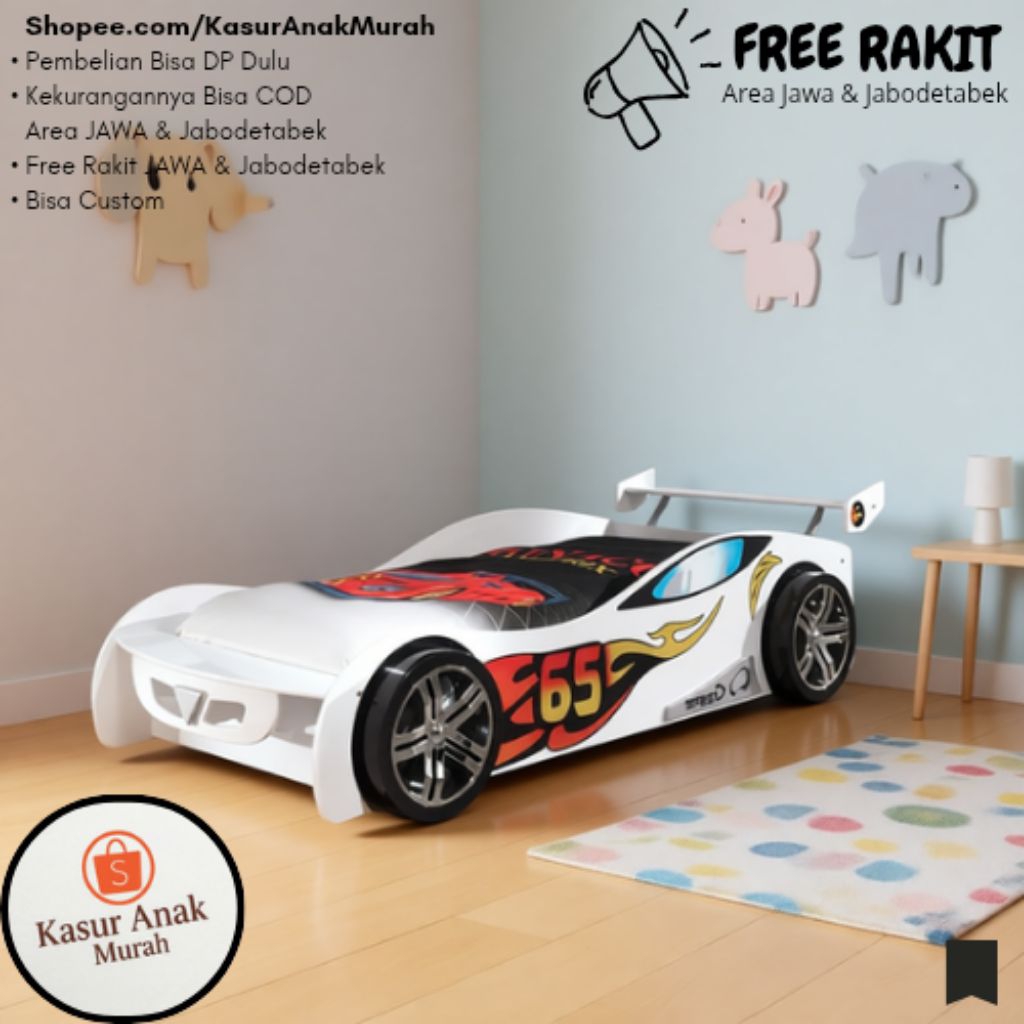 Ranjang Anak Ukuran 90x180 Single Bentuk Mobil , Tempat Tidur Kayu Minimalis Murah