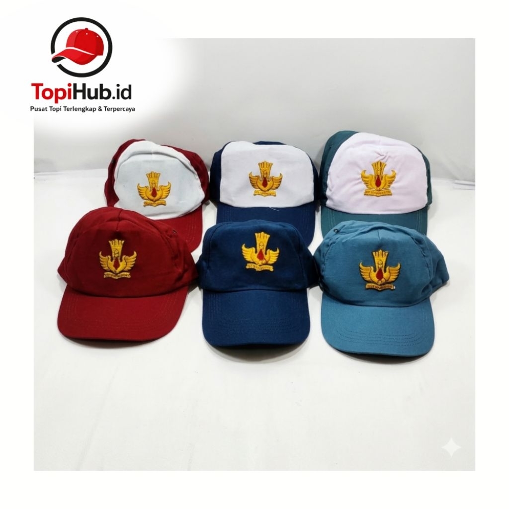 Topi Sekolah SD SMP Merah Putih & Biru Tosca Bordir Garuda | Topi Upacara Anak Murah Berkualitas All