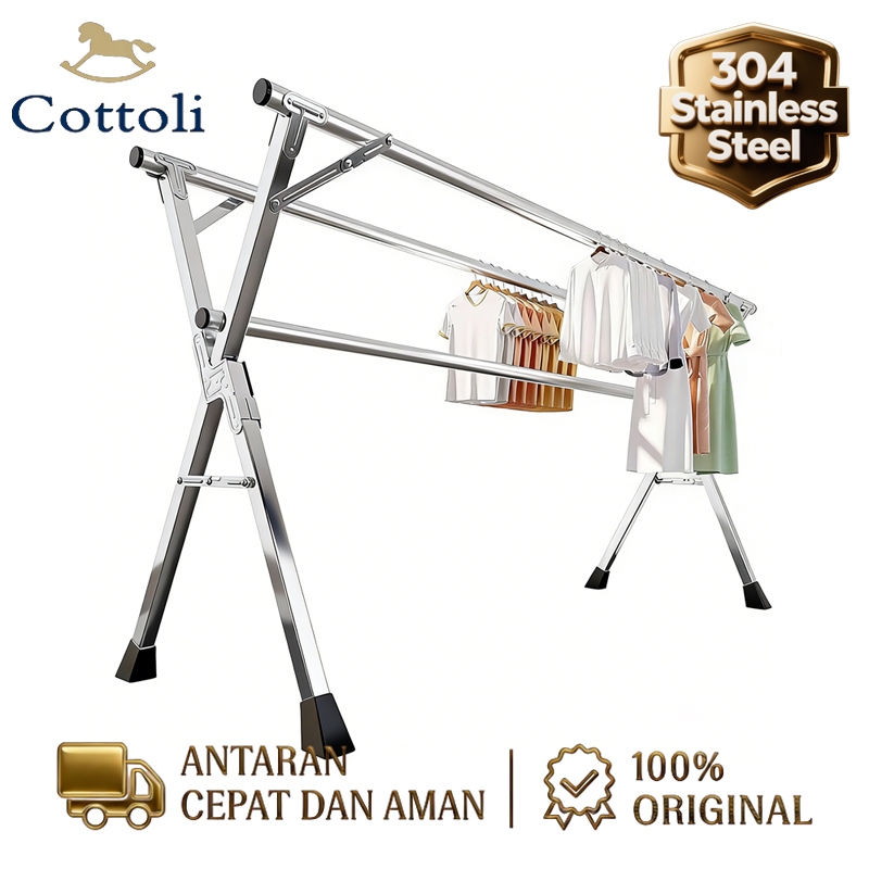 NEW Cottoli Jemuran Baju Lipat Roda Stainless Jemuran Baju Anti Karat Kuat Portable Jemuran