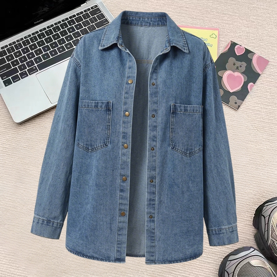 Po floret Jaket Denim Wanita Oversize Korean Style Kekinian | Kemeja Jeans Polos Biru Retro Casual O