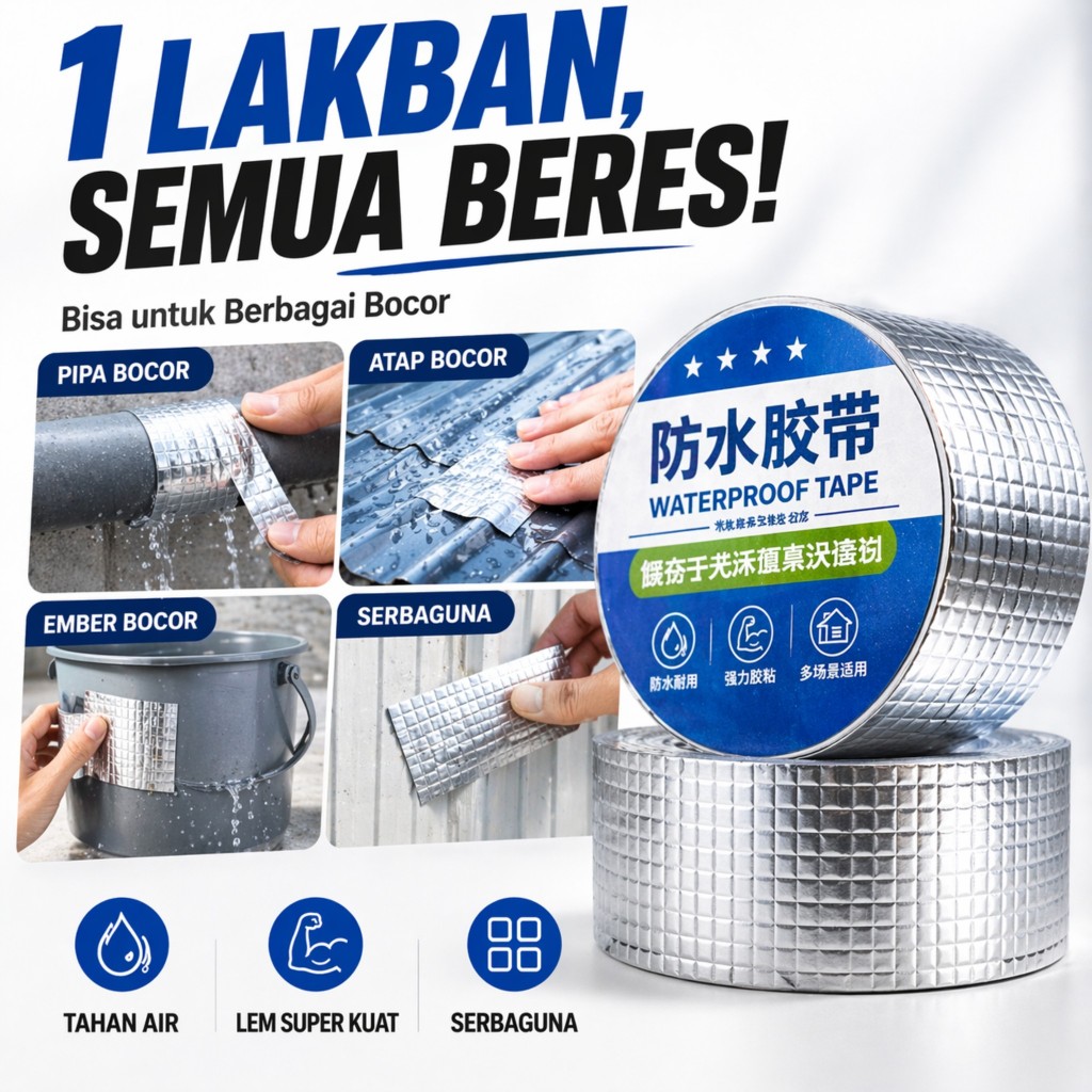Lakban Anti Bocor Aluminium Foil Butyl Waterproof – Lem Kuat untuk Pipa, Atap & Dinding (3M/5M)
