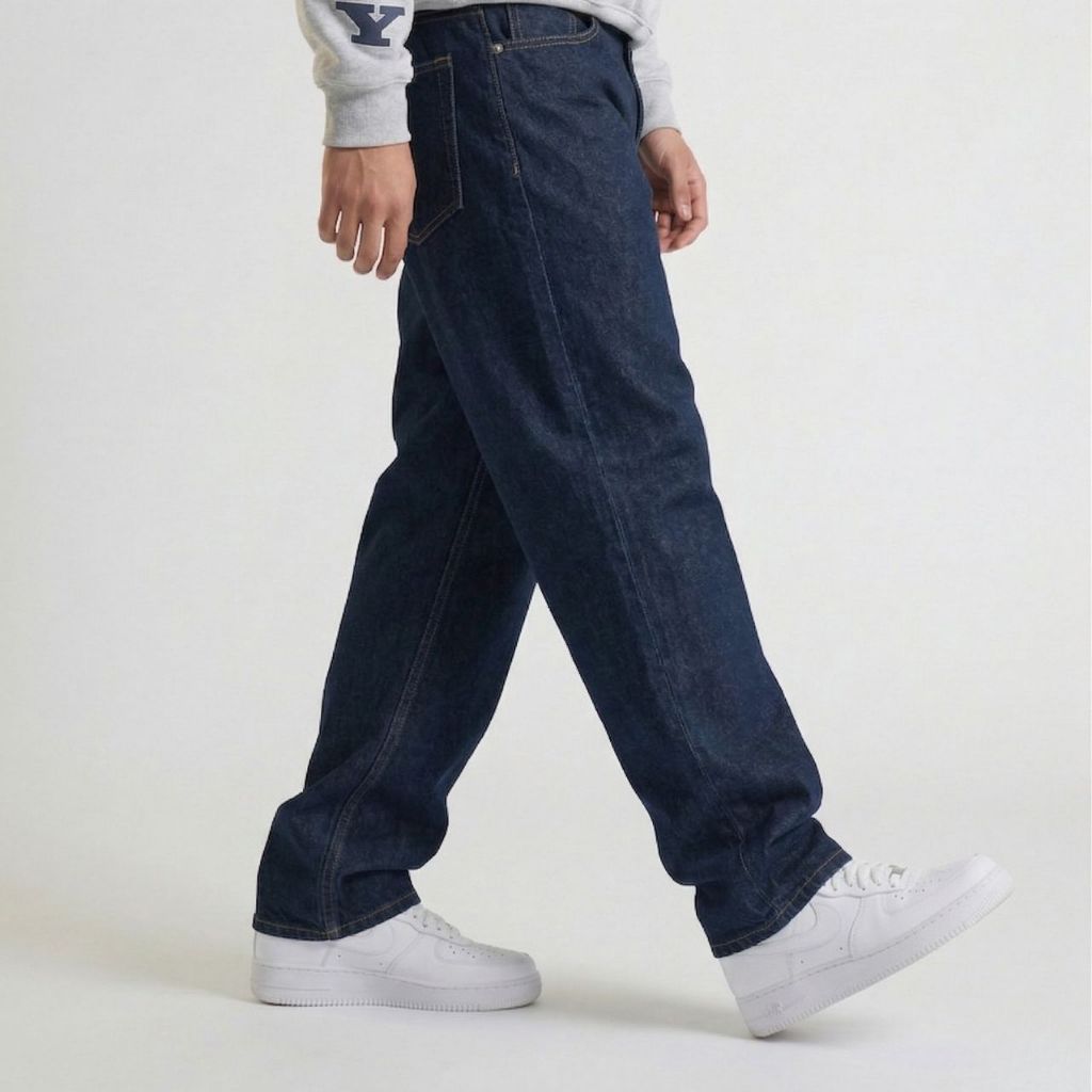 Walrus Signature Denim Pant Baggy Jeans Pria Indigo Blue with Leather Accent G80024N