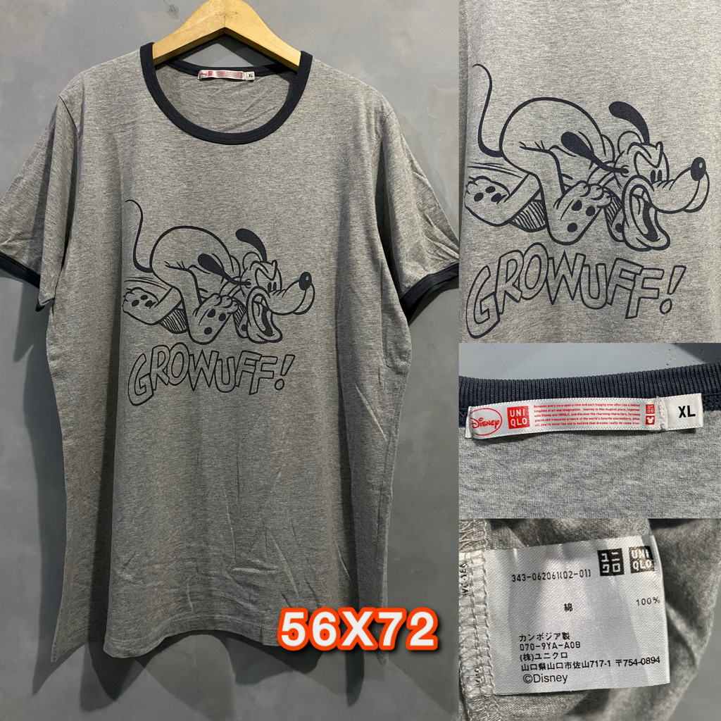 Kaos Uniqlo UT Disney Pluto "Growuff" Ringer Tee Grey Original Preloved