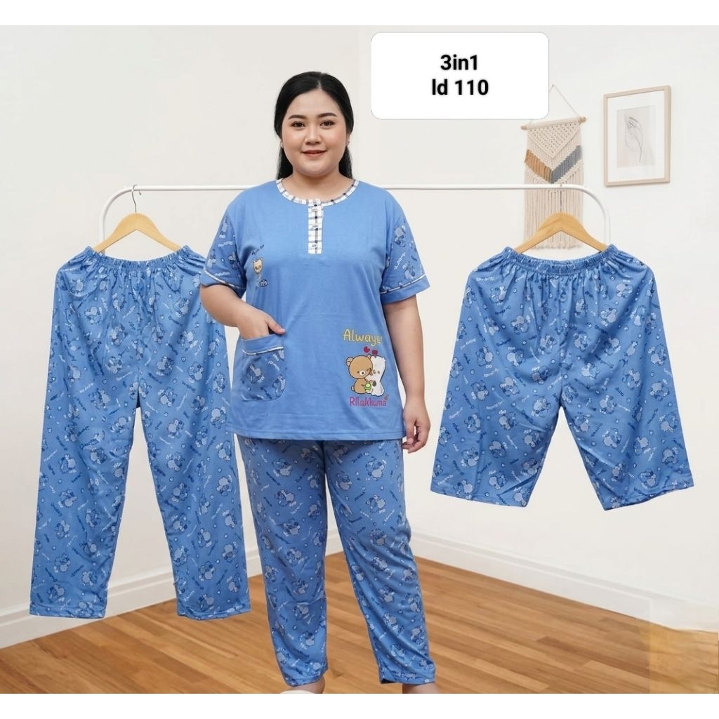 Baju Tidur Wanita Dewasa 3 in 1 dengan Bahan Kaos Premium Adem